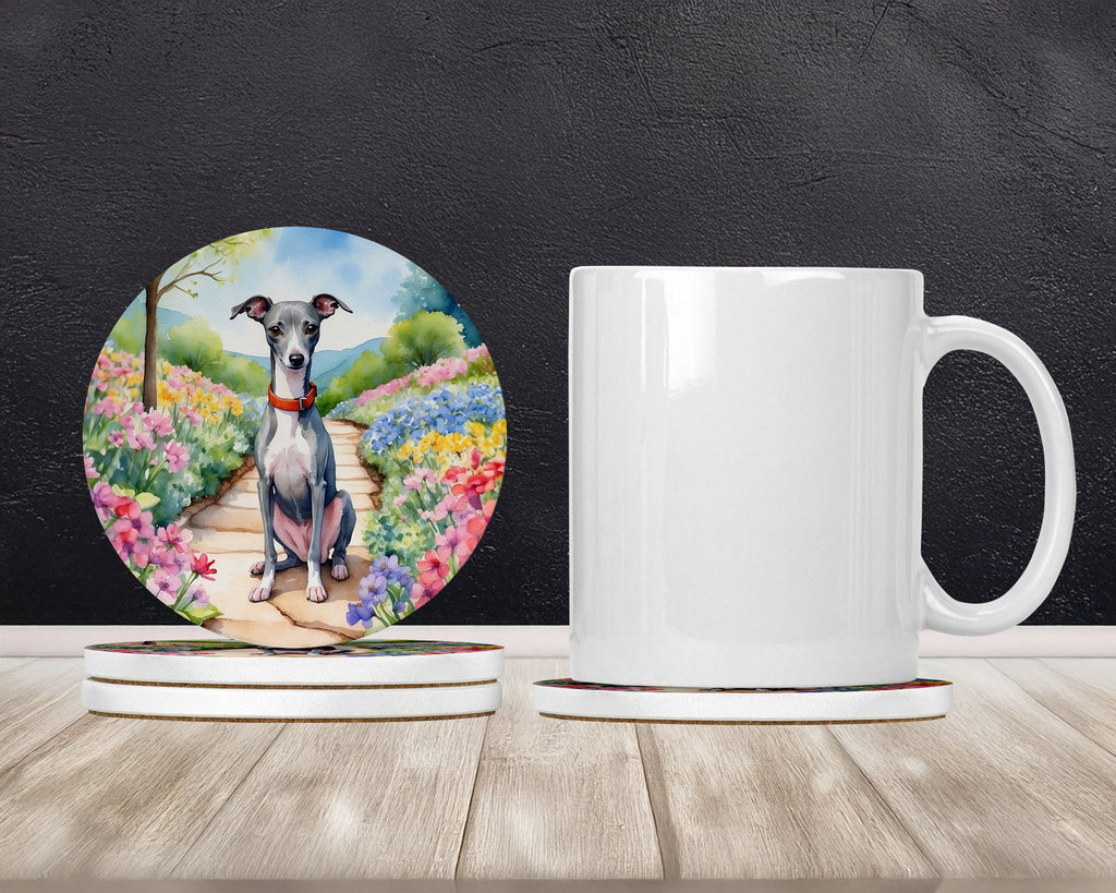 Italian Greyhound Spring Path Large Sandstone Coasters Pack of 4 Absorbent Round Coasters Decor Gifts for Men or Women, 4 in, Multicolor