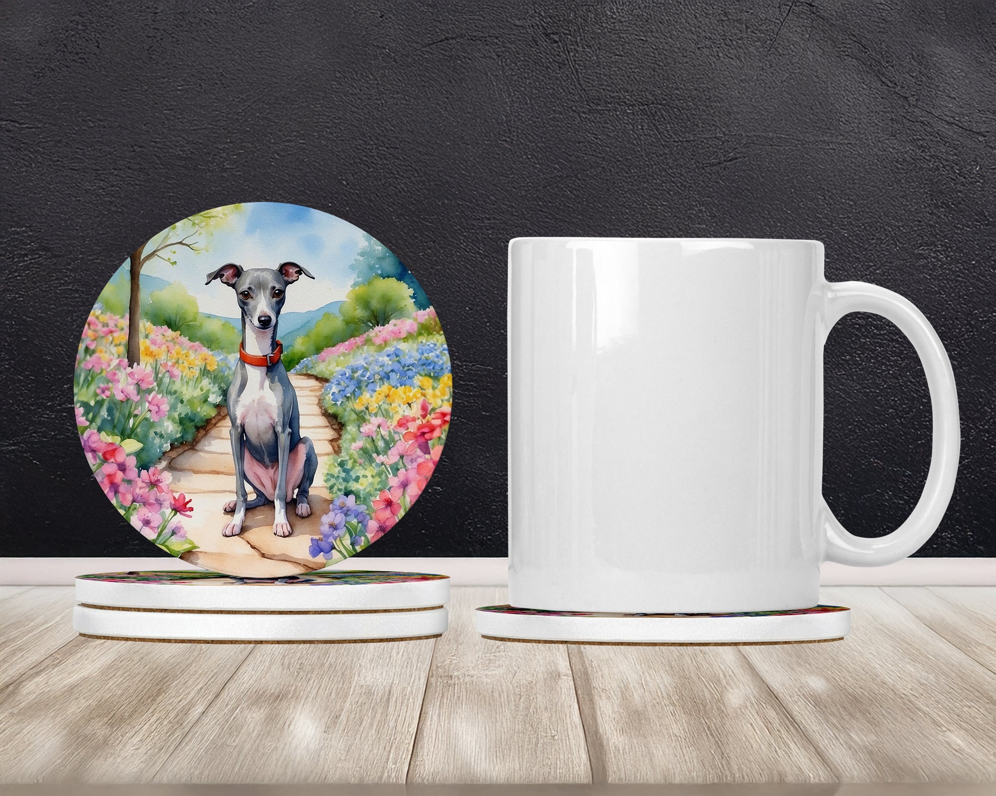 Italian Greyhound Spring Path Large Sandstone Coasters Pack of 4 Absorbent Round Coasters Decor Gifts for Men or Women, 4 in, Multicolor
