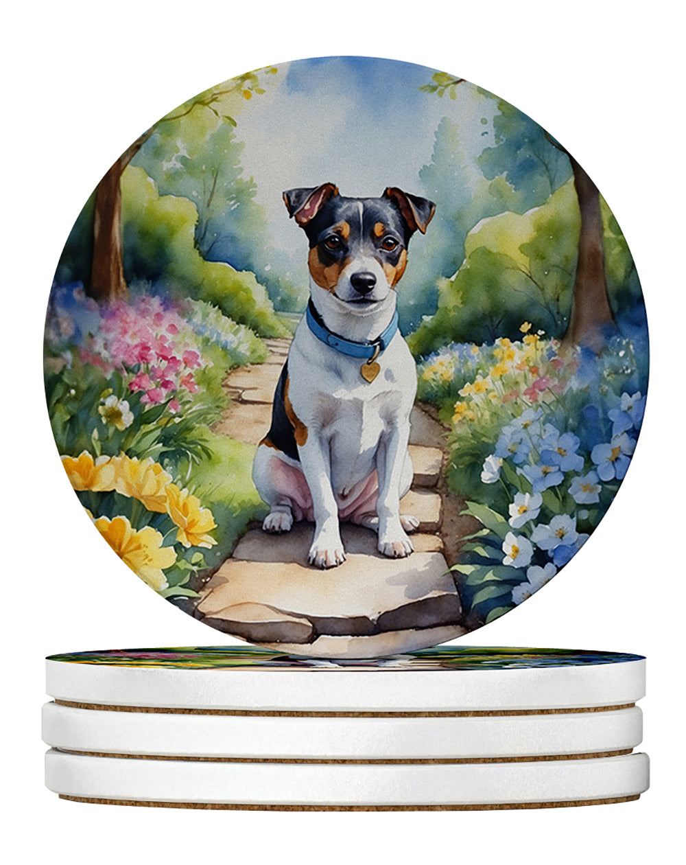 Jack Russell Terrier Spring Path Large Sandstone Coasters Pack of 4 Absorbent Round Coasters Decor Gifts for Men or Women, 4 in, Multicolor