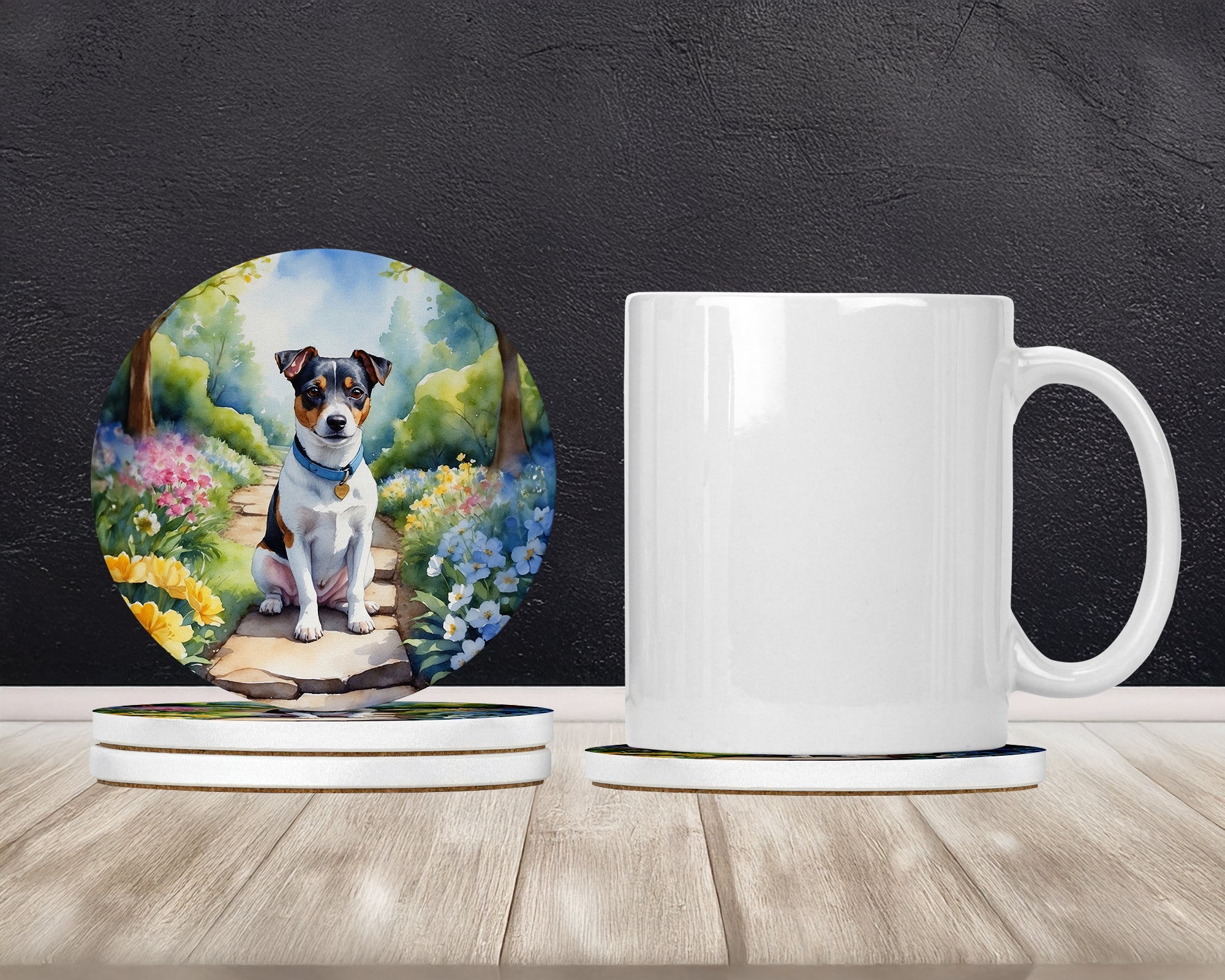 Jack Russell Terrier Spring Path Large Sandstone Coasters Pack of 4 Absorbent Round Coasters Decor Gifts for Men or Women, 4 in, Multicolor