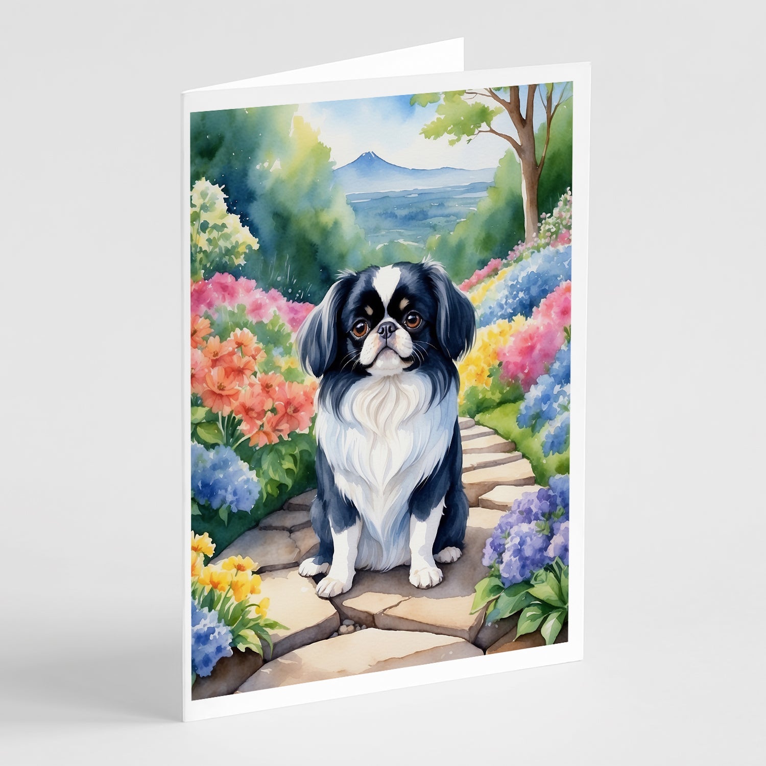 Japanese Chin Spring Path Greeting Cards Pack of 8 Blank Cards with Envelopes Whimsical A7 Size 5x7