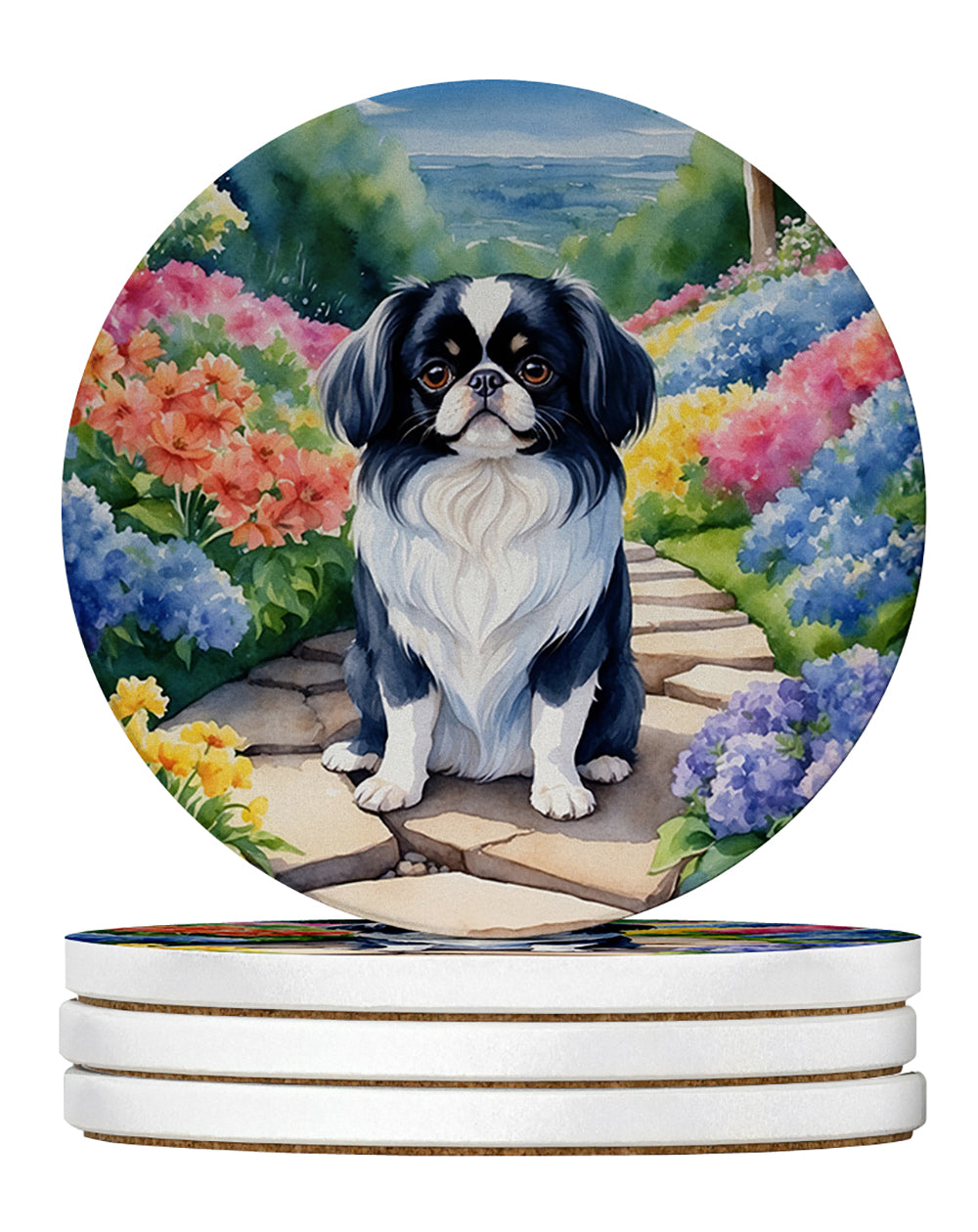 Japanese Chin Spring Path Large Sandstone Coasters Pack of 4 Absorbent Round Coasters Decor Gifts for Men or Women, 4 in, Multicolor