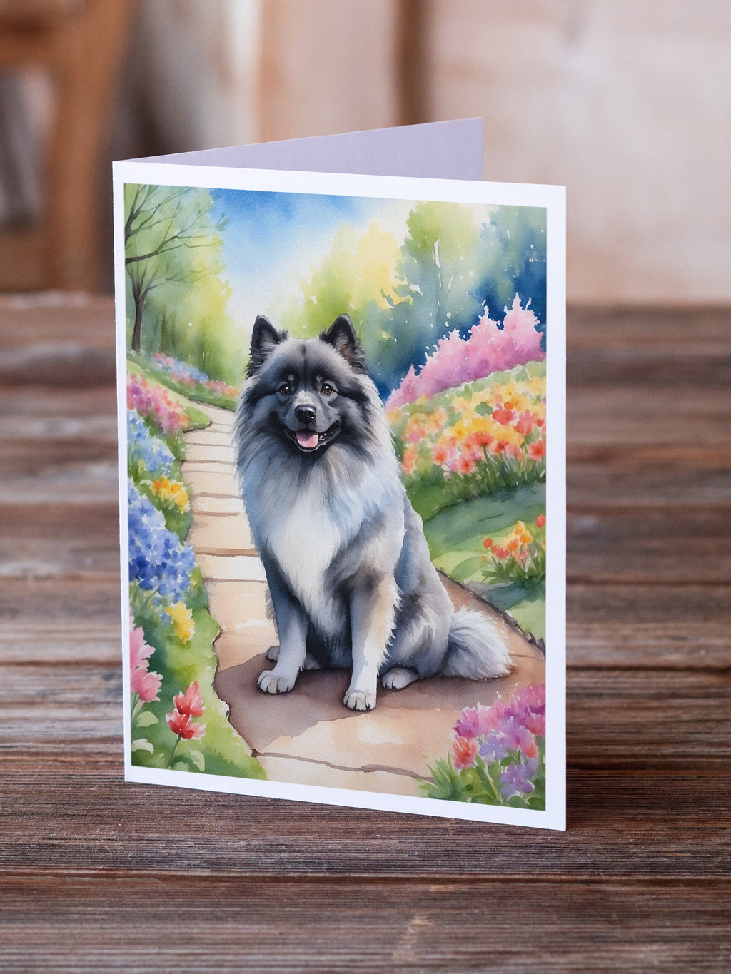 Keeshond Spring Path Greeting Cards Pack of 8 Blank Cards with Envelopes Whimsical A7 Size 5x7