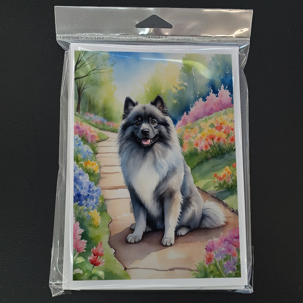 Keeshond Spring Path Greeting Cards Pack of 8 Blank Cards with Envelopes Whimsical A7 Size 5x7