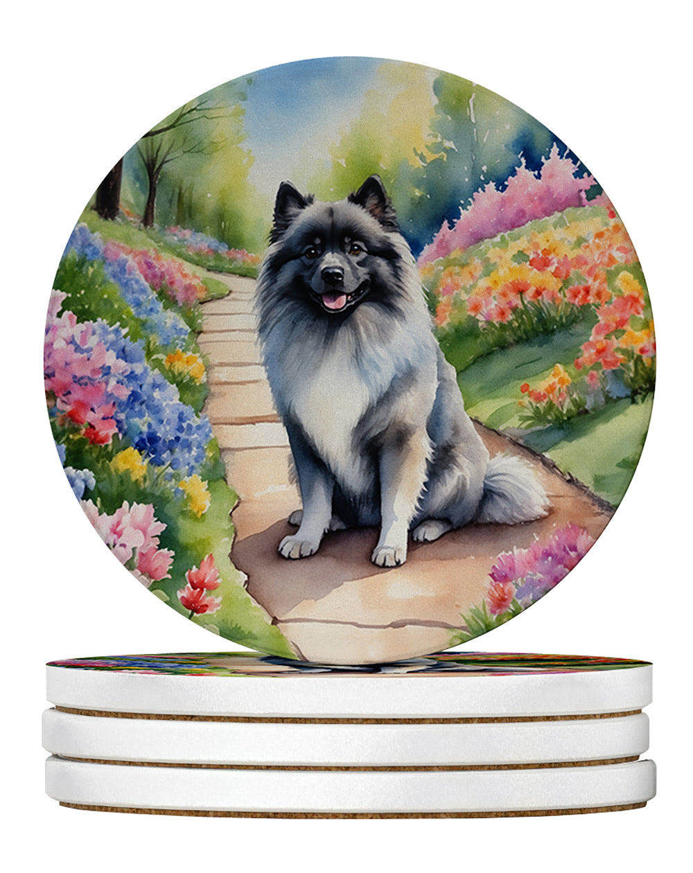 Keeshond Spring Path Large Sandstone Coasters Pack of 4 Absorbent Round Coasters Decor Gifts for Men or Women, 4 in, Multicolor