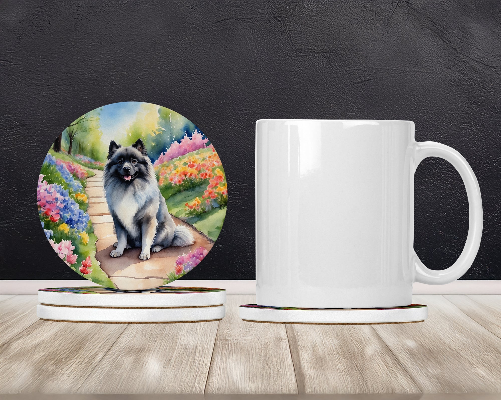 Keeshond Spring Path Large Sandstone Coasters Pack of 4 Absorbent Round Coasters Decor Gifts for Men or Women, 4 in, Multicolor