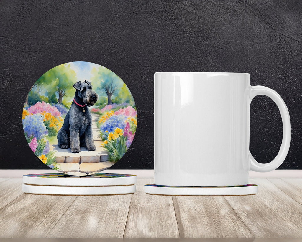 Kerry Blue Terrier Spring Path Large Sandstone Coasters Pack of 4 Absorbent Round Coasters Decor Gifts for Men or Women, 4 in, Multicolor