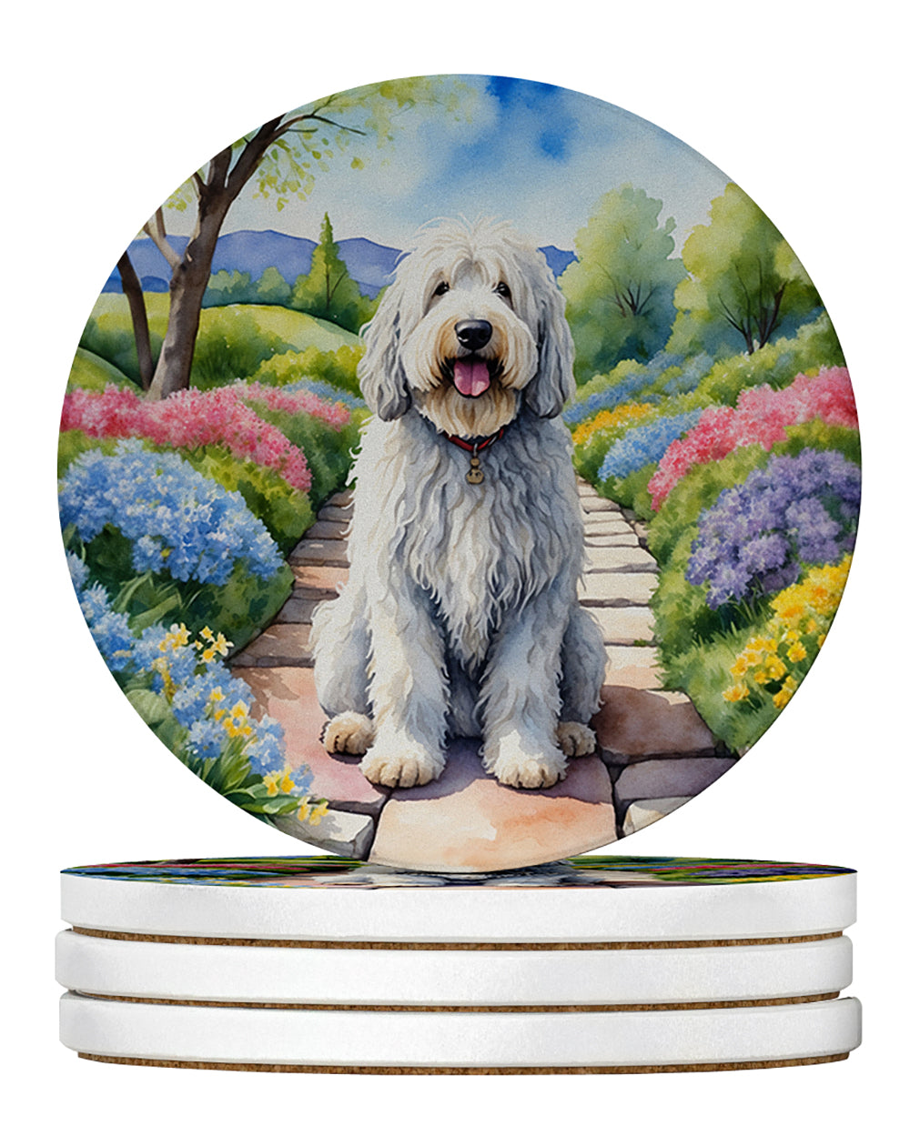 Komondor Spring Path Large Sandstone Coasters Pack of 4 Absorbent Round Coasters Decor Gifts for Men or Women, 4 in, Multicolor