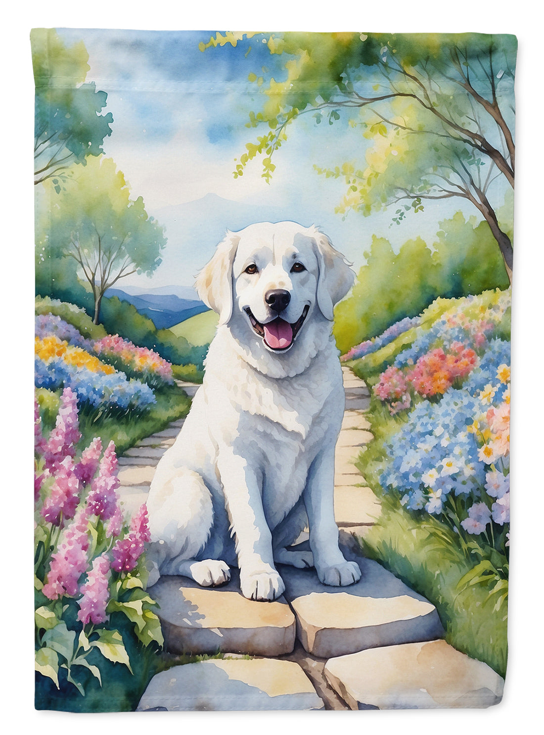 Kuvasz Spring Path House Flag 28x40 Porch Sleeve Pole Decorative Outside Yard Banner Artwork Wall Hanging, Polyester