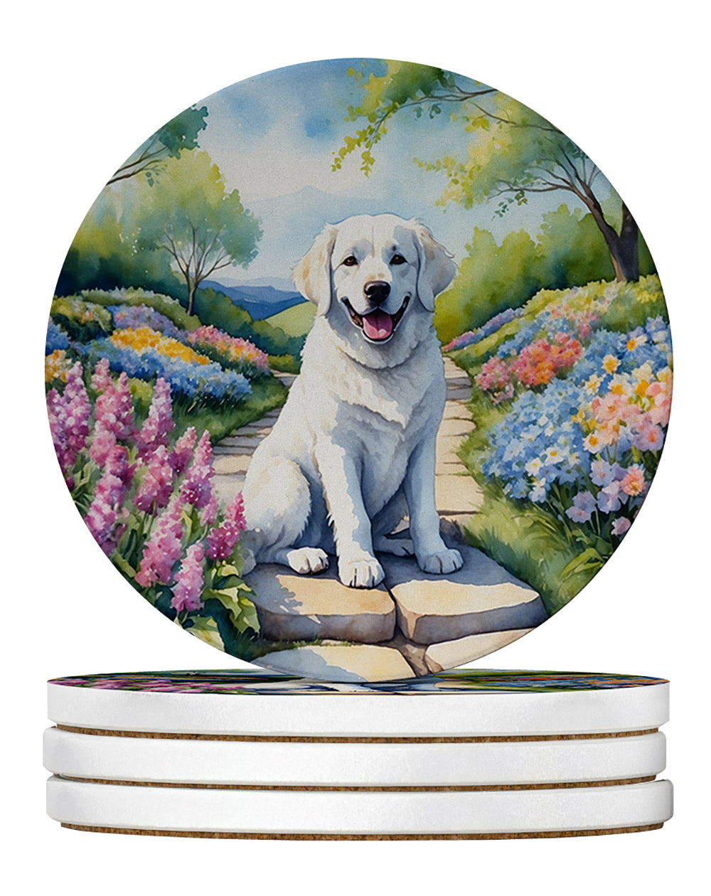 Kuvasz Spring Path Large Sandstone Coasters Pack of 4 Absorbent Round Coasters Decor Gifts for Men or Women, 4 in, Multicolor