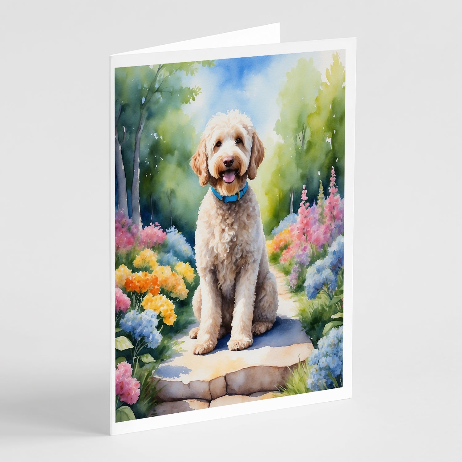 Labradoodle Spring Path Greeting Cards Pack of 8 Blank Cards with Envelopes Whimsical A7 Size 5x7