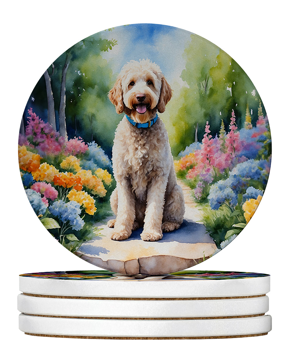 Labradoodle Spring Path Large Sandstone Coasters Pack of 4 Absorbent Round Coasters Decor Gifts for Men or Women, 4 in, Multicolor