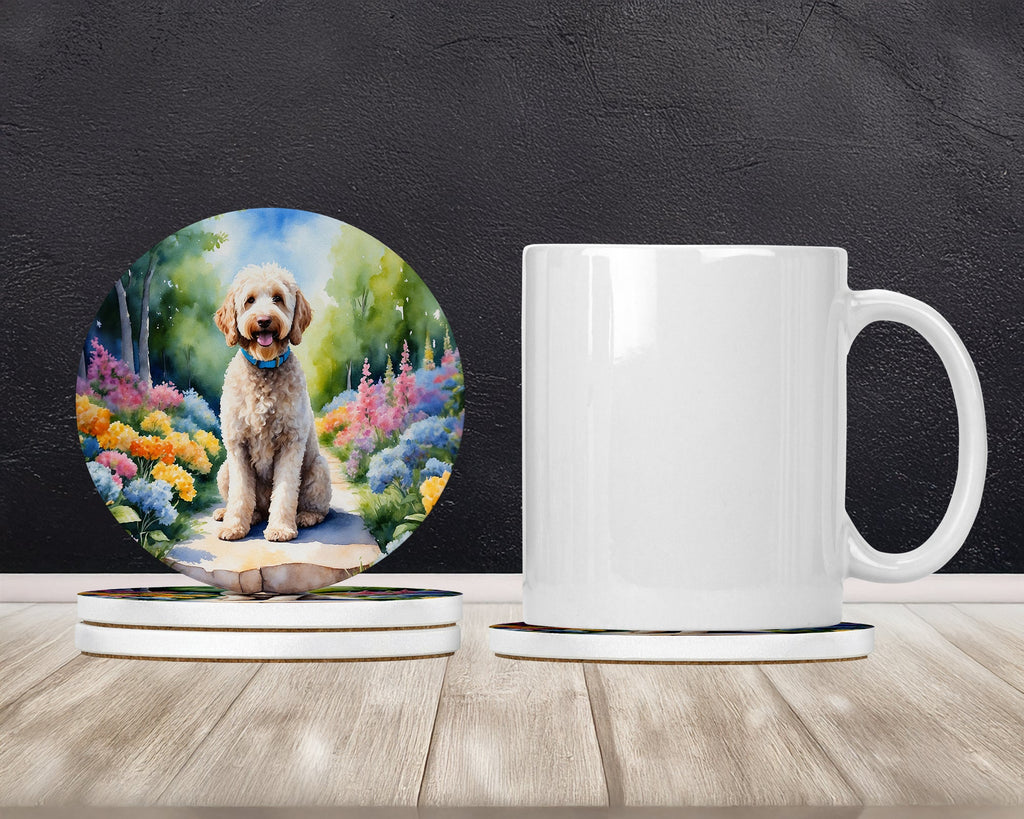 Labradoodle Spring Path Large Sandstone Coasters Pack of 4 Absorbent Round Coasters Decor Gifts for Men or Women, 4 in, Multicolor