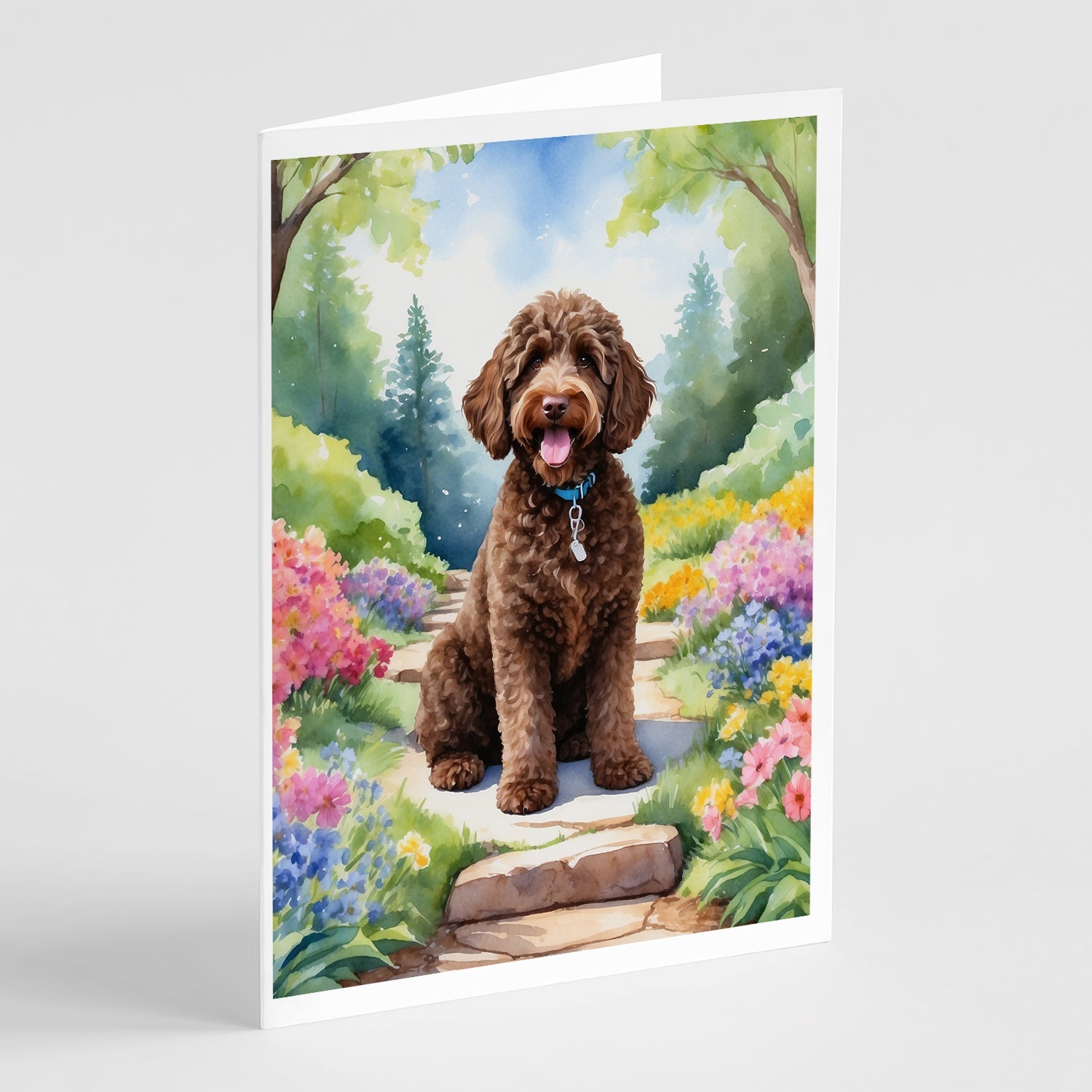 Labradoodle Spring Path Greeting Cards Pack of 8 Blank Cards with Envelopes Whimsical A7 Size 5x7