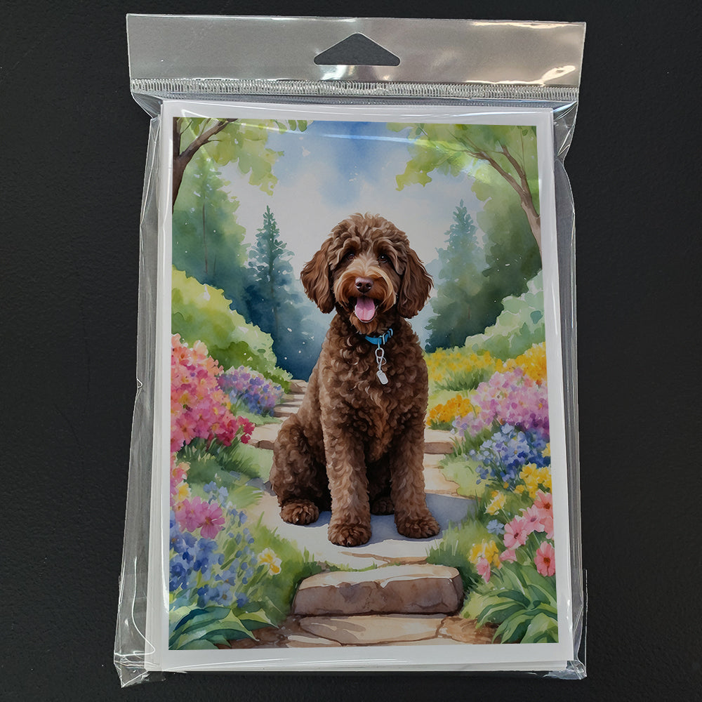 Labradoodle Spring Path Greeting Cards Pack of 8 Blank Cards with Envelopes Whimsical A7 Size 5x7