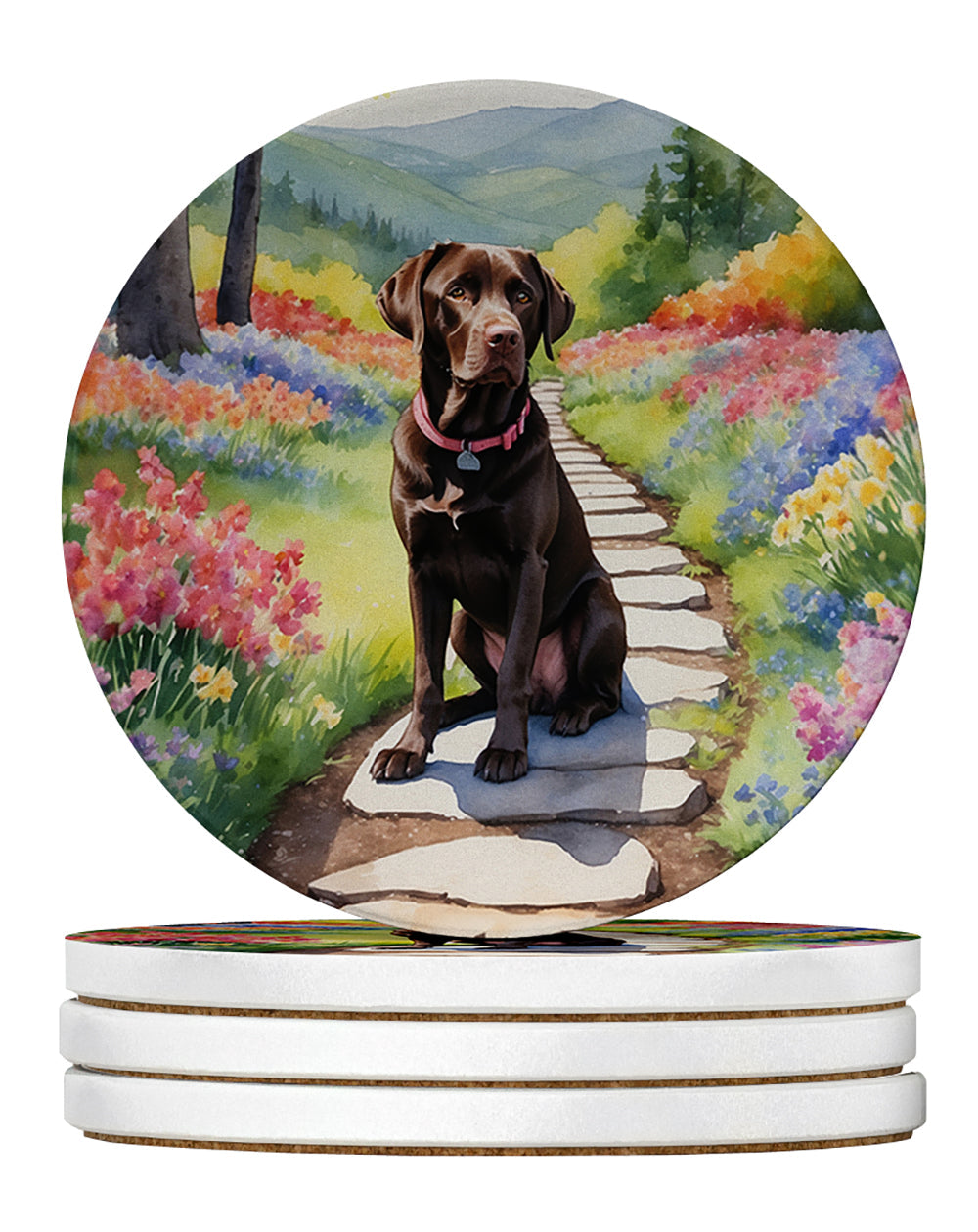 Labrador Retriever Spring Path Large Sandstone Coasters Pack of 4 Absorbent Round Coasters Decor Gifts for Men or Women, 4 in, Multicolor