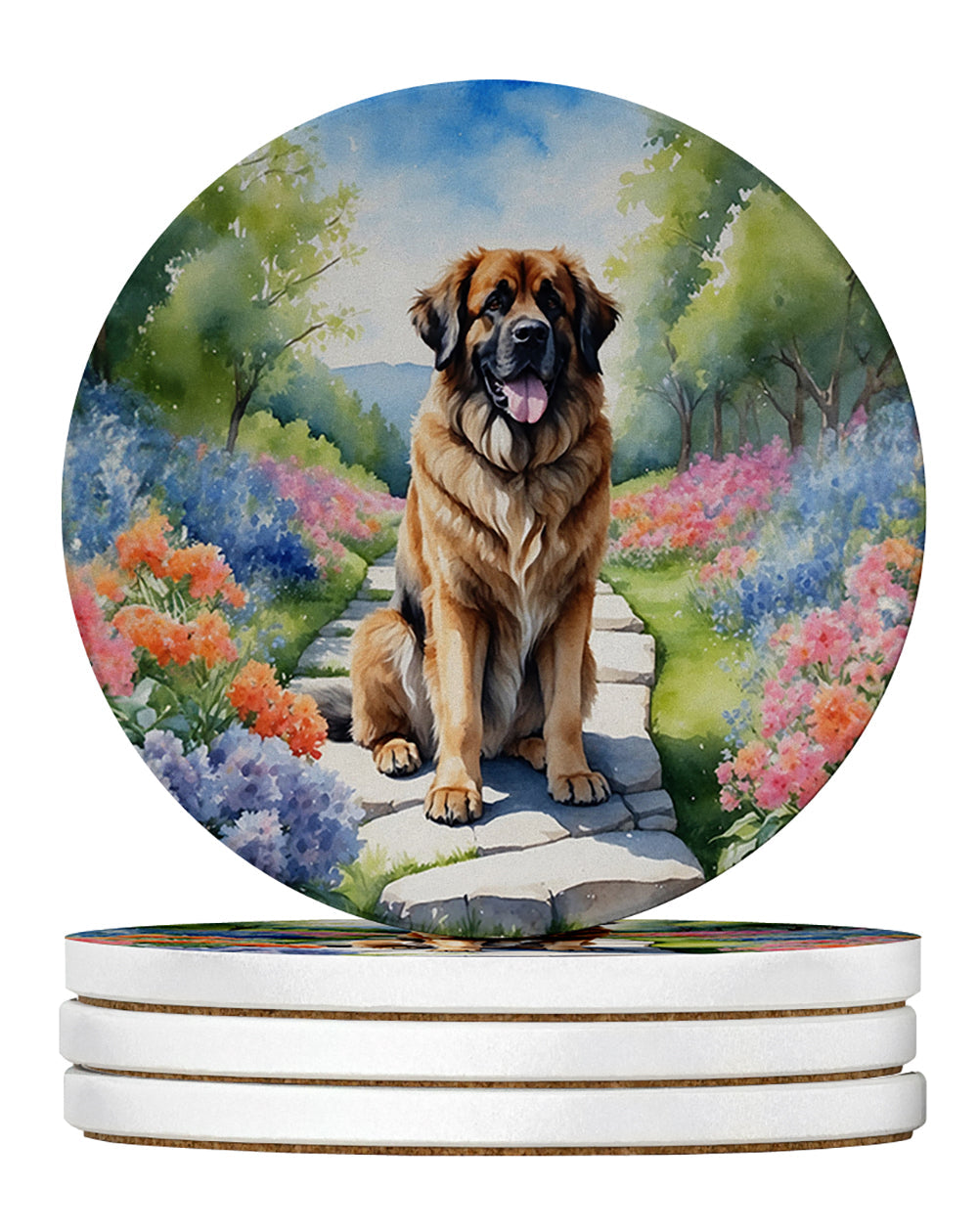 Leonberger Spring Path Large Sandstone Coasters Pack of 4 Absorbent Round Coasters Decor Gifts for Men or Women, 4 in, Multicolor