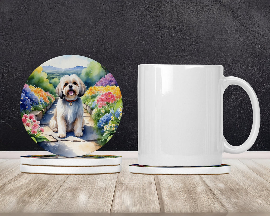 Lhasa Apso Spring Path Large Sandstone Coasters Pack of 4 Absorbent Round Coasters Decor Gifts for Men or Women, 4 in, Multicolor