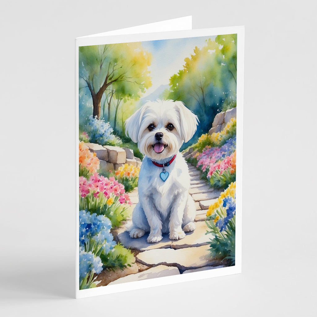 Maltese Spring Path Greeting Cards Pack of 8 Blank Cards with Envelopes Whimsical A7 Size 5x7
