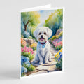 Maltese Spring Path Greeting Cards Pack of 8 Blank Cards with Envelopes Whimsical A7 Size 5x7