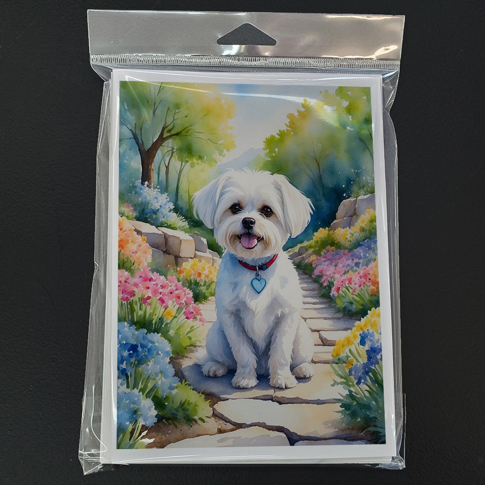 Maltese Spring Path Greeting Cards Pack of 8 Blank Cards with Envelopes Whimsical A7 Size 5x7