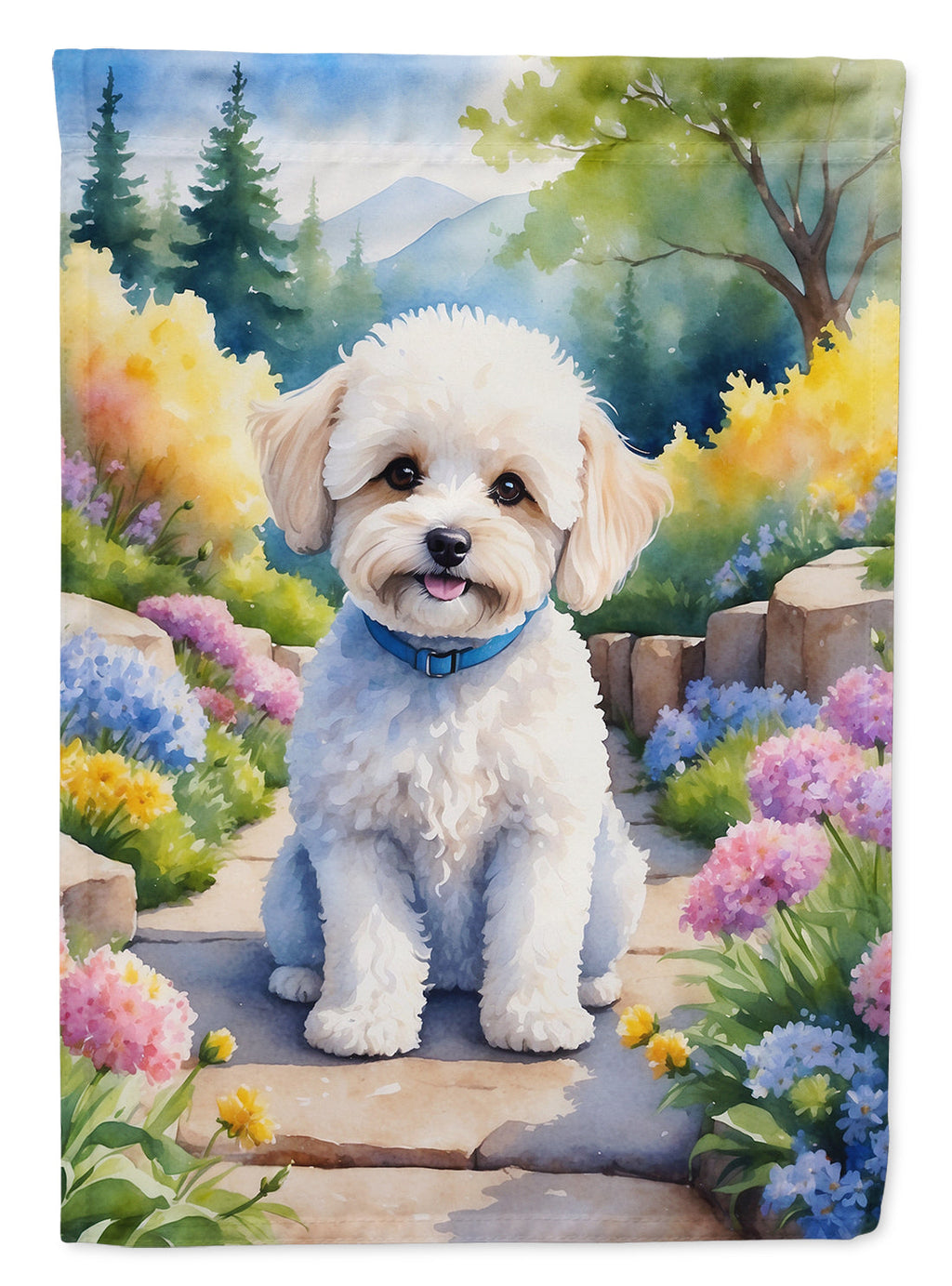 Maltipoo Spring Path House Flag 28x40 Porch Sleeve Pole Decorative Outside Yard Banner Artwork Wall Hanging, Polyester