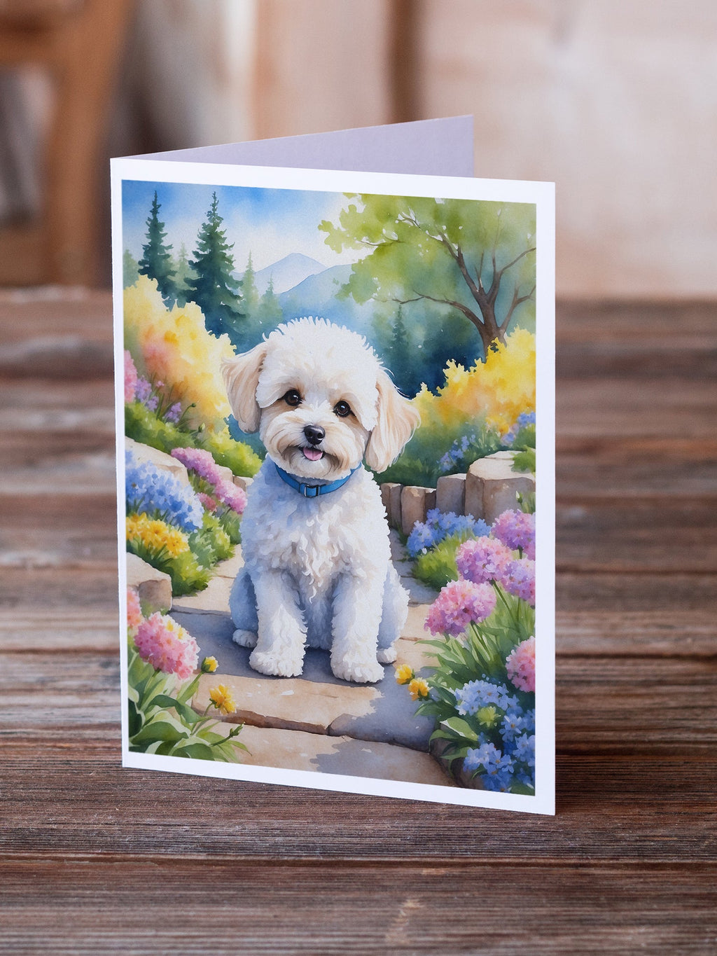 Maltipoo Spring Path Greeting Cards Pack of 8 Blank Cards with Envelopes Whimsical A7 Size 5x7