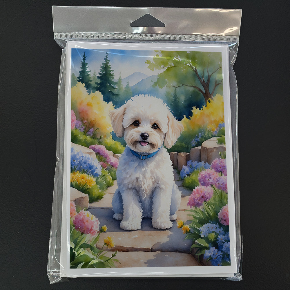 Maltipoo Spring Path Greeting Cards Pack of 8 Blank Cards with Envelopes Whimsical A7 Size 5x7