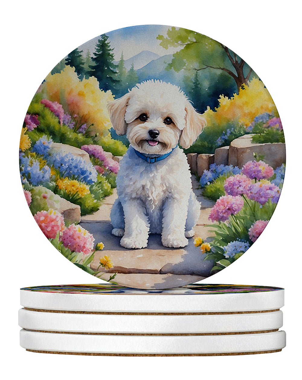 Maltipoo Spring Path Large Sandstone Coasters Pack of 4 Absorbent Round Coasters Decor Gifts for Men or Women, 4 in, Multicolor