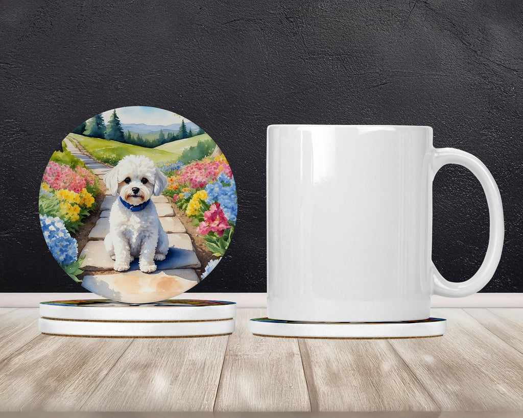 Maltipoo Spring Path Large Sandstone Coasters Pack of 4 Absorbent Round Coasters Decor Gifts for Men or Women, 4 in, Multicolor
