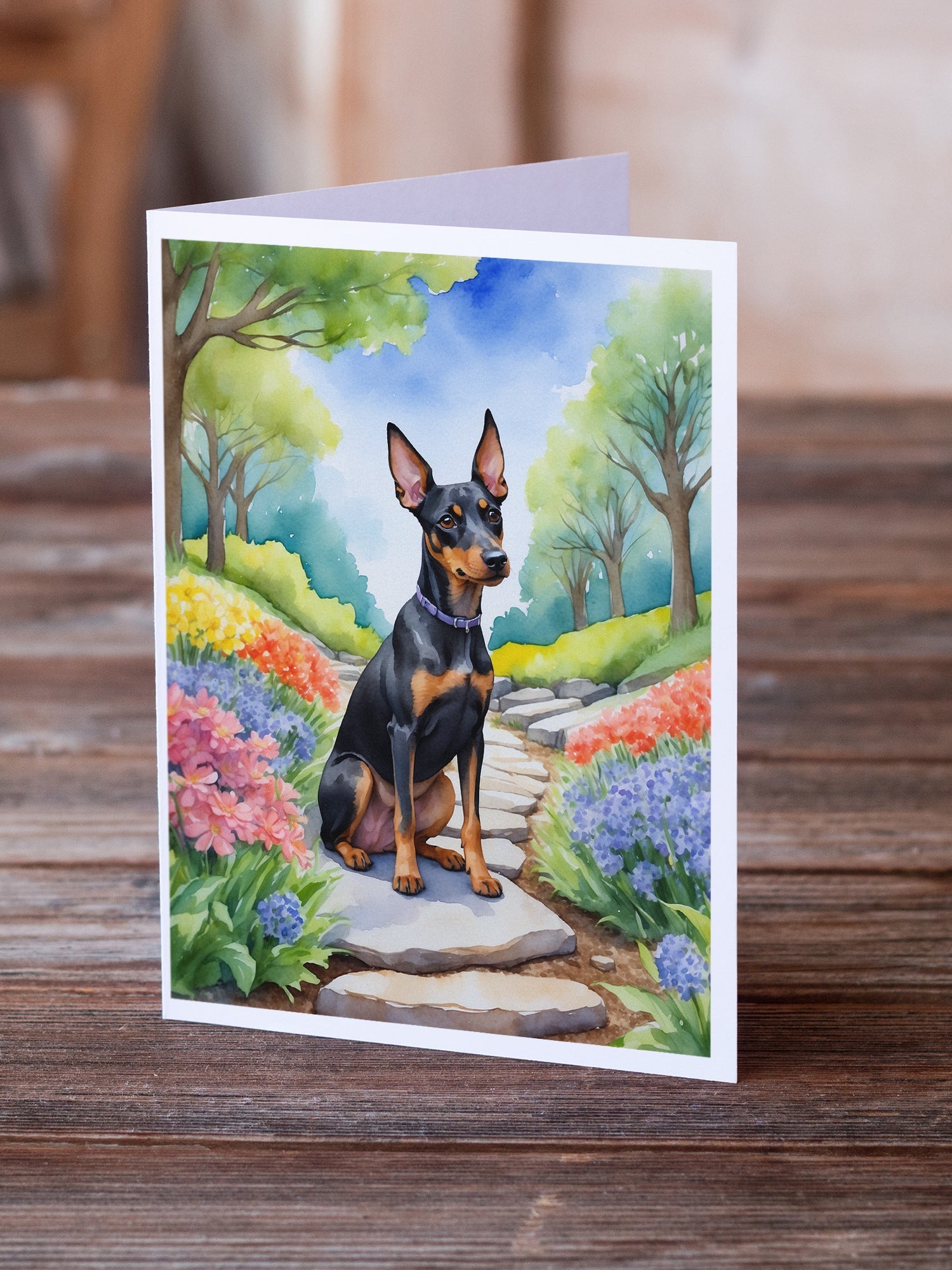 Manchester Terrier Spring Path Greeting Cards Pack of 8 Blank Cards with Envelopes Whimsical A7 Size 5x7