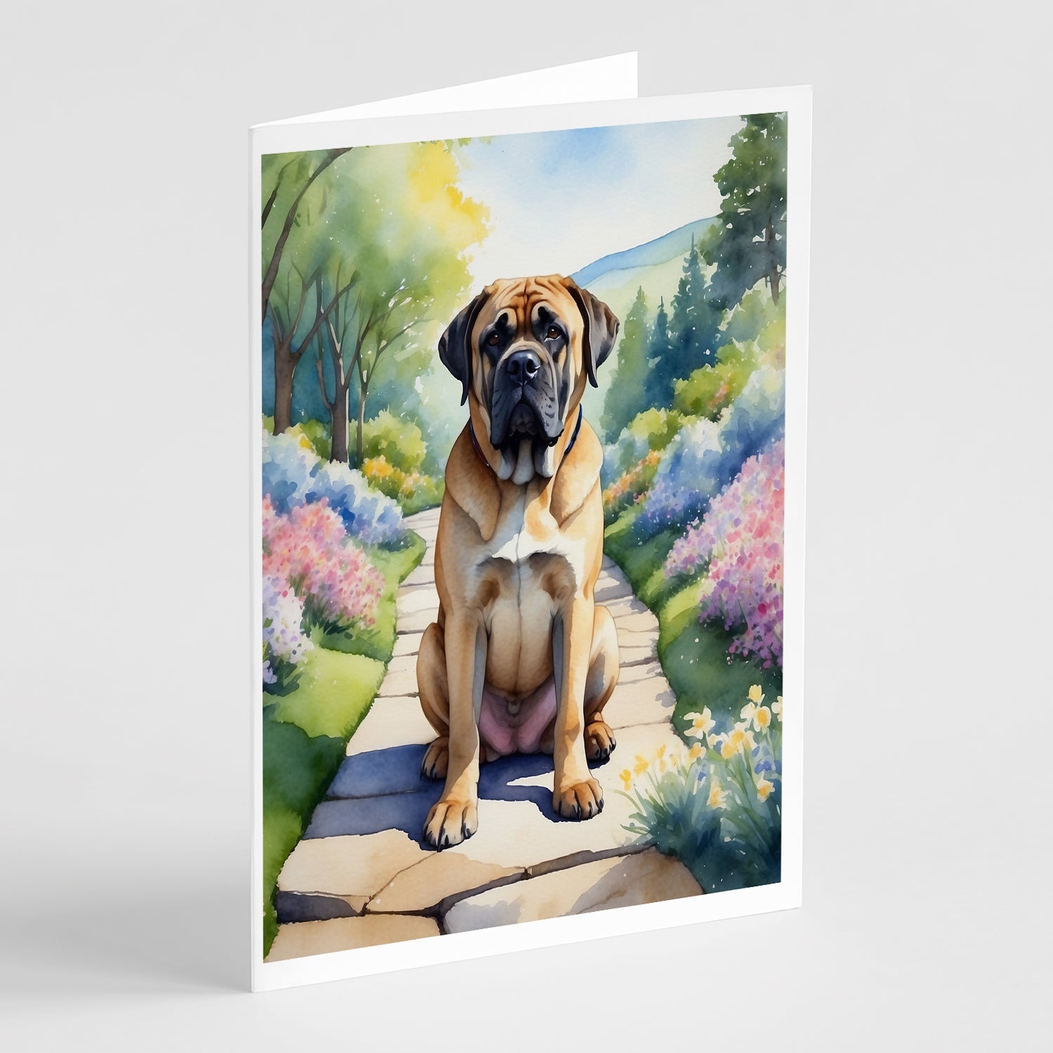 Mastiff Spring Path Greeting Cards Pack of 8 Blank Cards with Envelopes Whimsical A7 Size 5x7