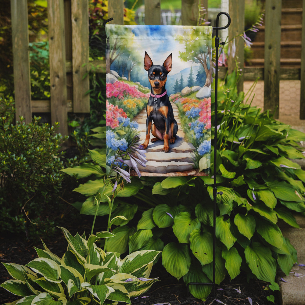 Miniature Pinscher Spring Path Garden Flag Mailbox Decorative Yard Banner Outside Patio Artwork for Flower Beds, Garden Size, Multicolor
