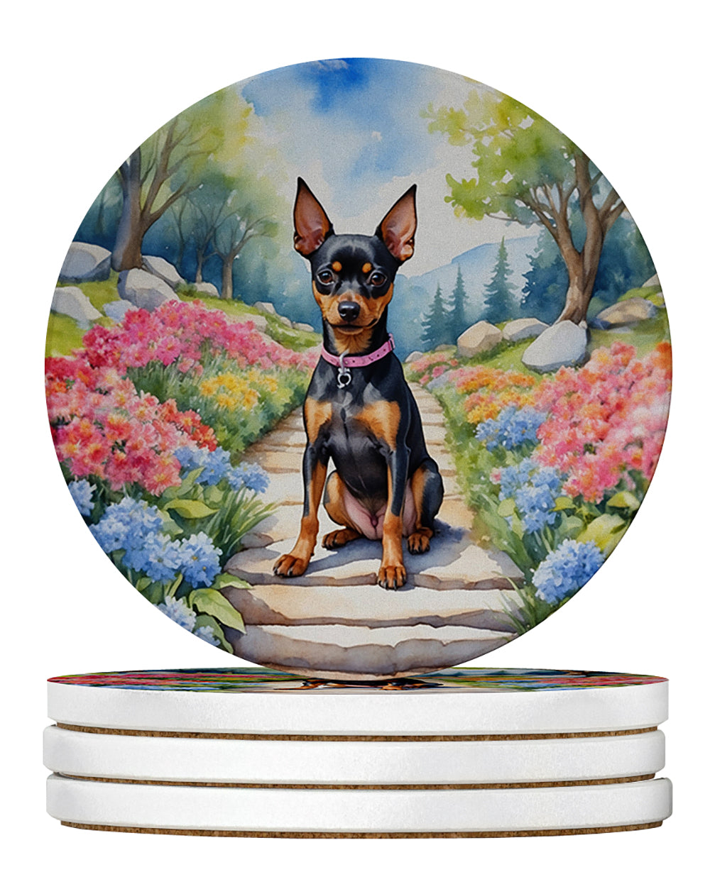 Miniature Pinscher Spring Path Large Sandstone Coasters Pack of 4 Absorbent Round Coasters Decor Gifts for Men or Women, 4 in, Multicolor