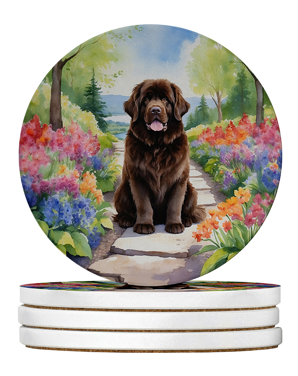 Newfoundland Spring Path Large Sandstone Coasters Pack of 4 Absorbent Round Coasters Decor Gifts for Men or Women, 4 in, Multicolor