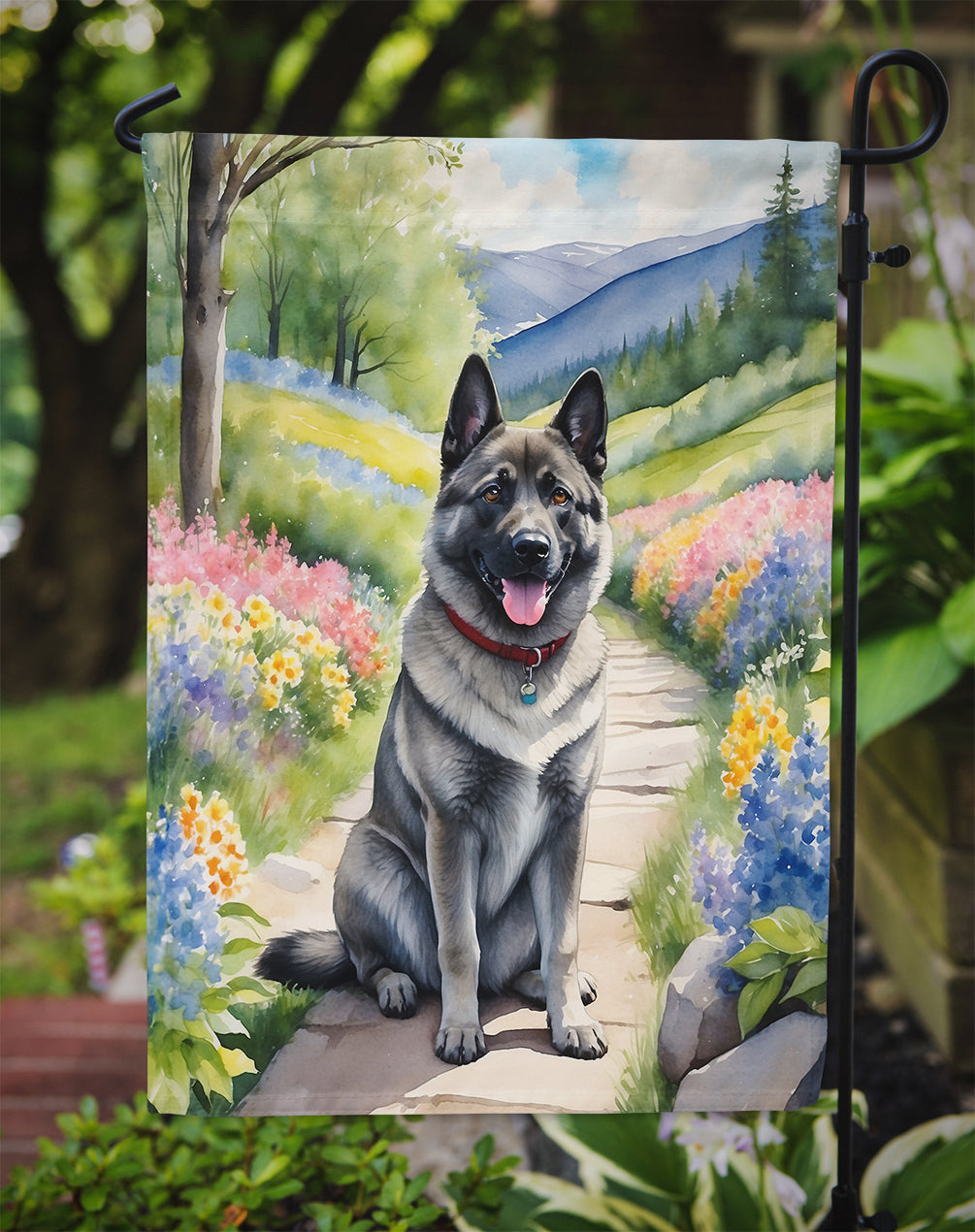 Norwegian Elkhound Spring Path Garden Flag Mailbox Decorative Yard Banner Outside Patio Artwork for Flower Beds, Garden Size, Multicolor