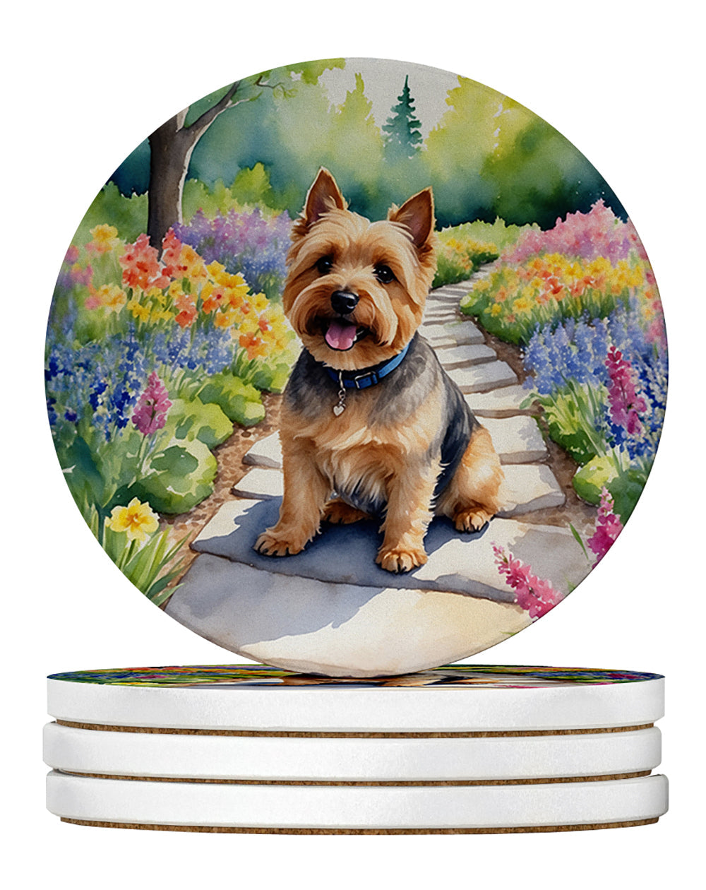 Norwich Terrier Spring Path Large Sandstone Coasters Pack of 4 Absorbent Round Coasters Decor Gifts for Men or Women, 4 in, Multicolor