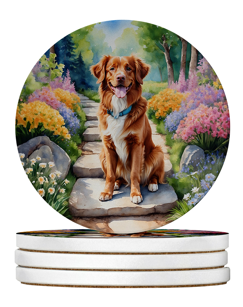 Nova Scotia Duck Tolling Retriever Spring Path Large Sandstone Coasters Pack of 4 Absorbent Round Coasters Decor Gifts for Men or Women, 4 in, Multicolor