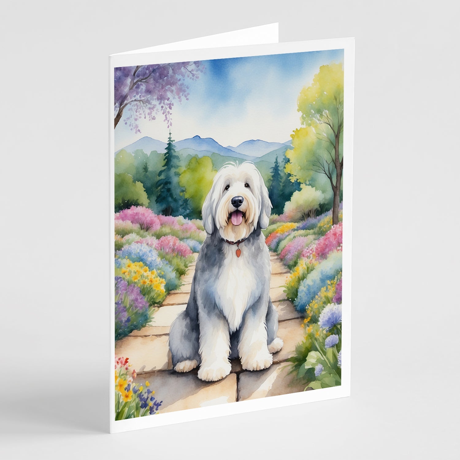 Old English Sheepdog Spring Path Greeting Cards Pack of 8 Blank Cards with Envelopes Whimsical A7 Size 5x7