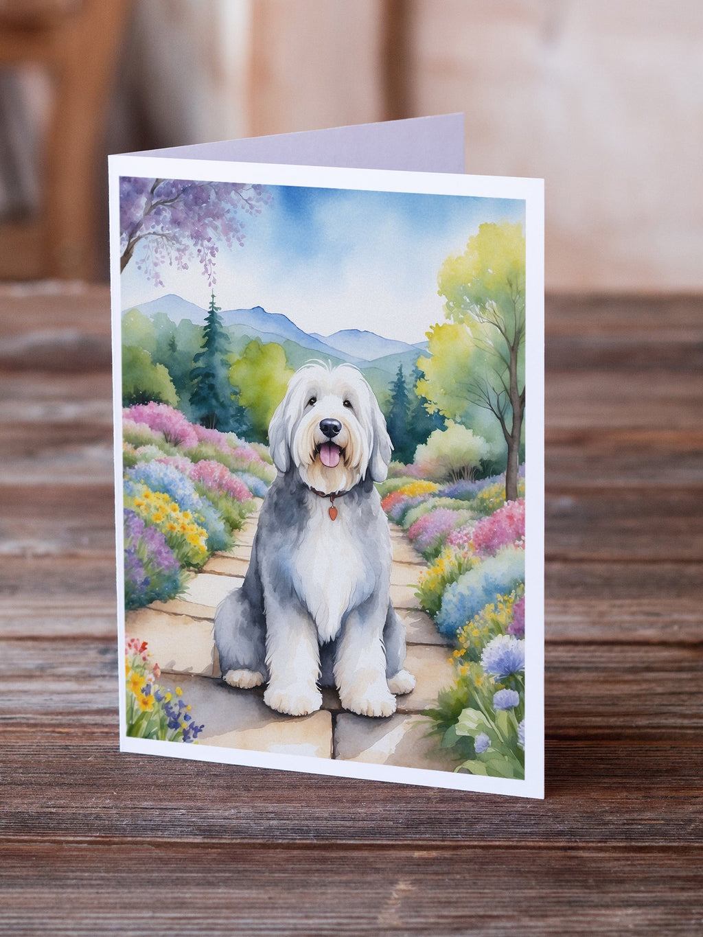 Old English Sheepdog Spring Path Greeting Cards Pack of 8 Blank Cards with Envelopes Whimsical A7 Size 5x7