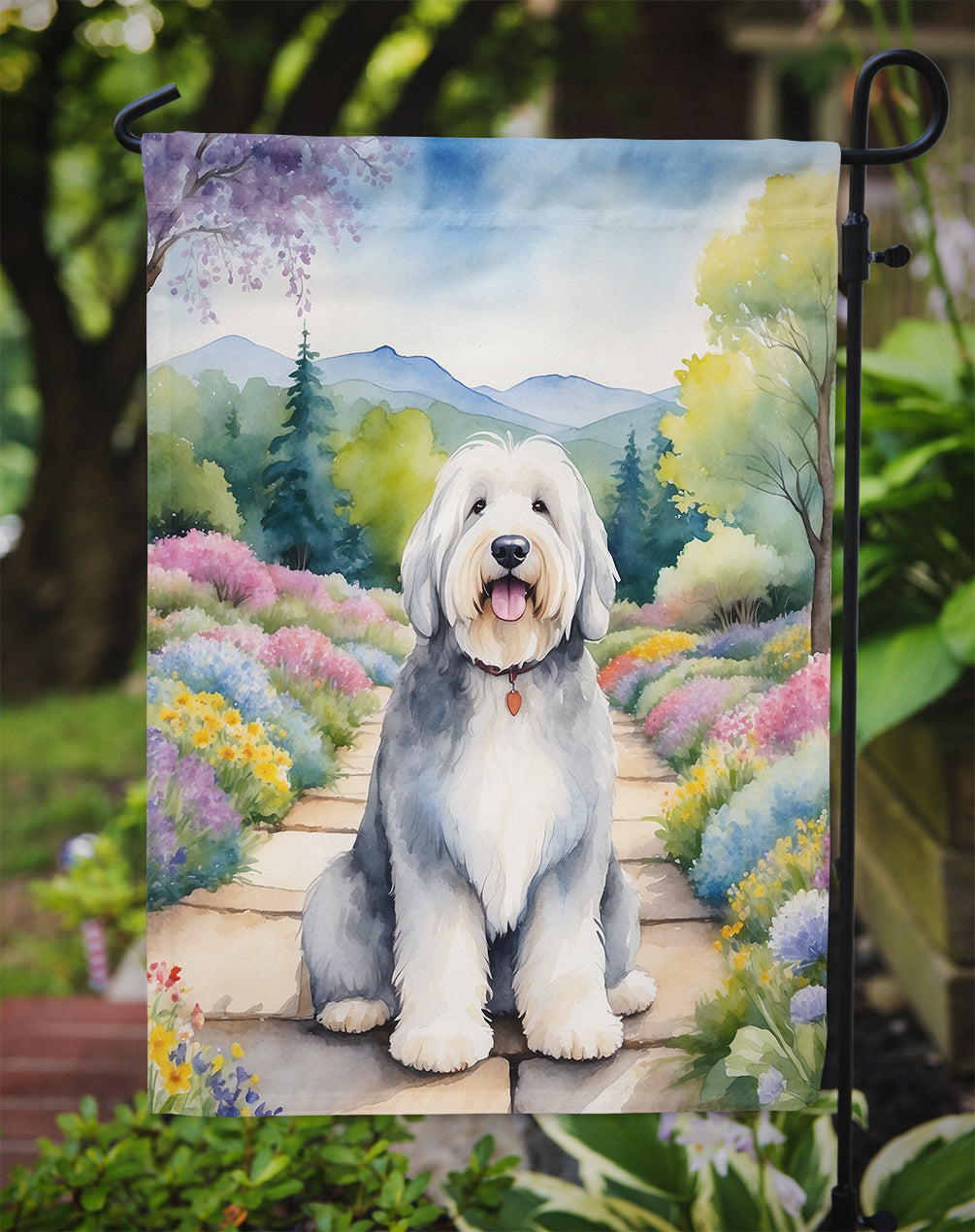 Old English Sheepdog Spring Path Garden Flag Mailbox Decorative Yard Banner Outside Patio Artwork for Flower Beds, Garden Size, Multicolor