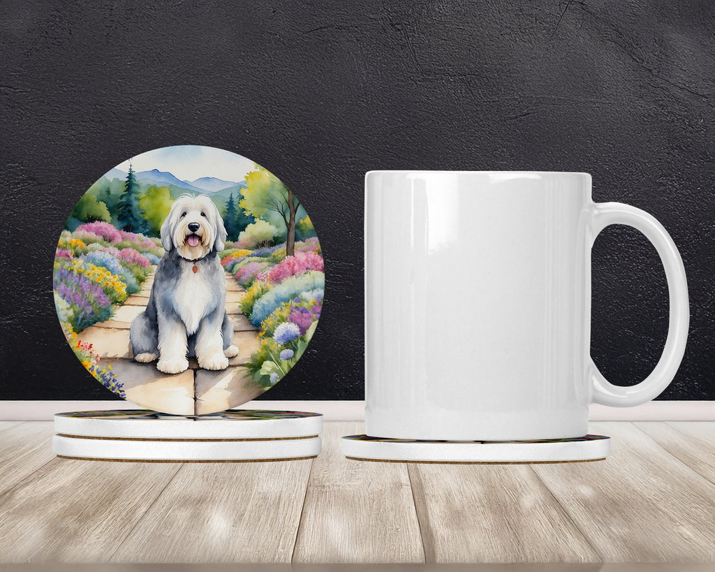Old English Sheepdog Spring Path Large Sandstone Coasters Pack of 4 Absorbent Round Coasters Decor Gifts for Men or Women, 4 in, Multicolor