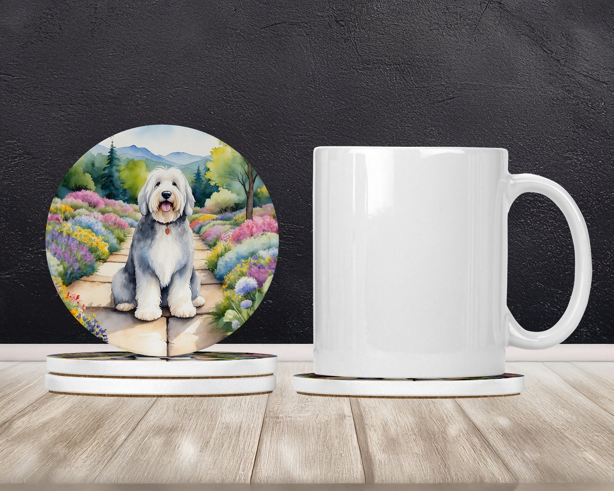 Old English Sheepdog Spring Path Large Sandstone Coasters Pack of 4 Absorbent Round Coasters Decor Gifts for Men or Women, 4 in, Multicolor