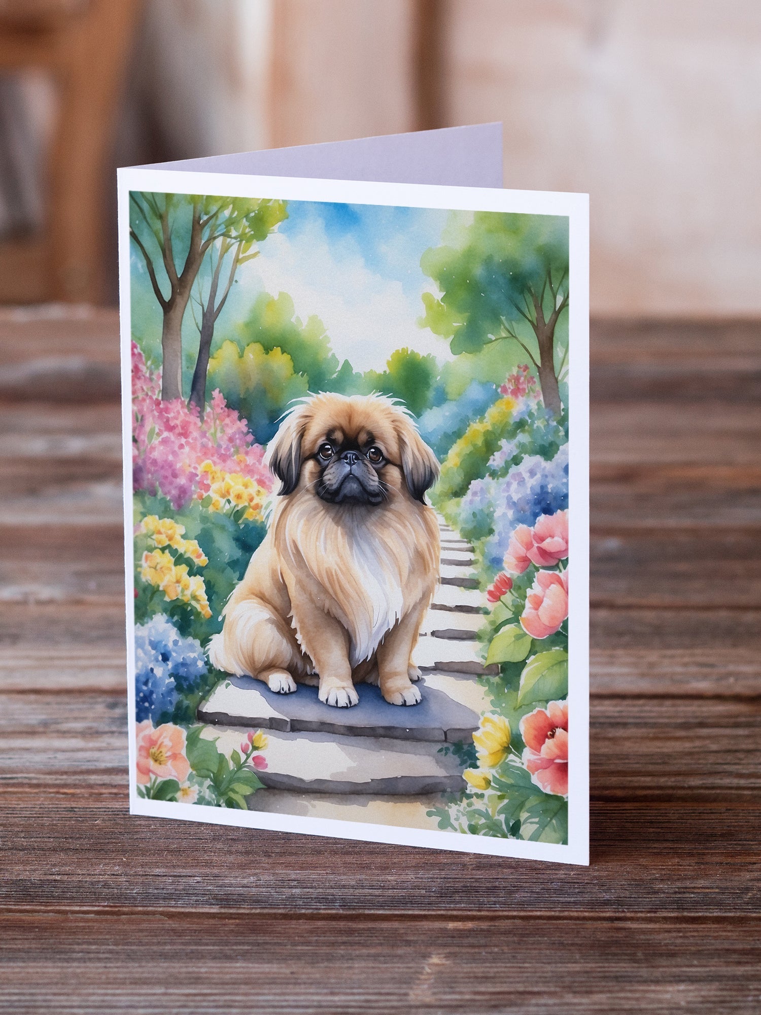 Pekingese Spring Path Greeting Cards Pack of 8 Blank Cards with Envelopes Whimsical A7 Size 5x7