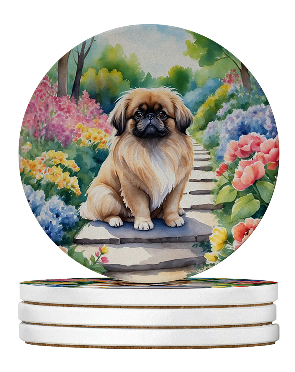 Pekingese Spring Path Large Sandstone Coasters Pack of 4 Absorbent Round Coasters Decor Gifts for Men or Women, 4 in, Multicolor