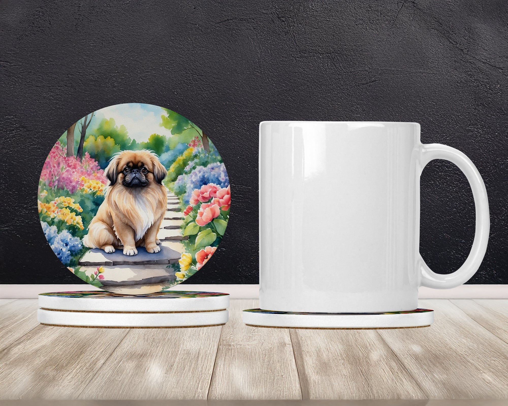 Pekingese Spring Path Large Sandstone Coasters Pack of 4 Absorbent Round Coasters Decor Gifts for Men or Women, 4 in, Multicolor