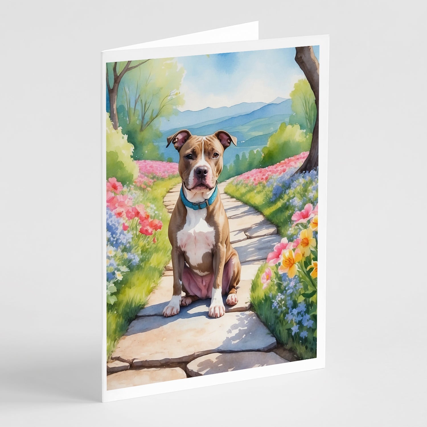 Pit Bull Terrier Spring Path Greeting Cards Pack of 8 Blank Cards with Envelopes Whimsical A7 Size 5x7
