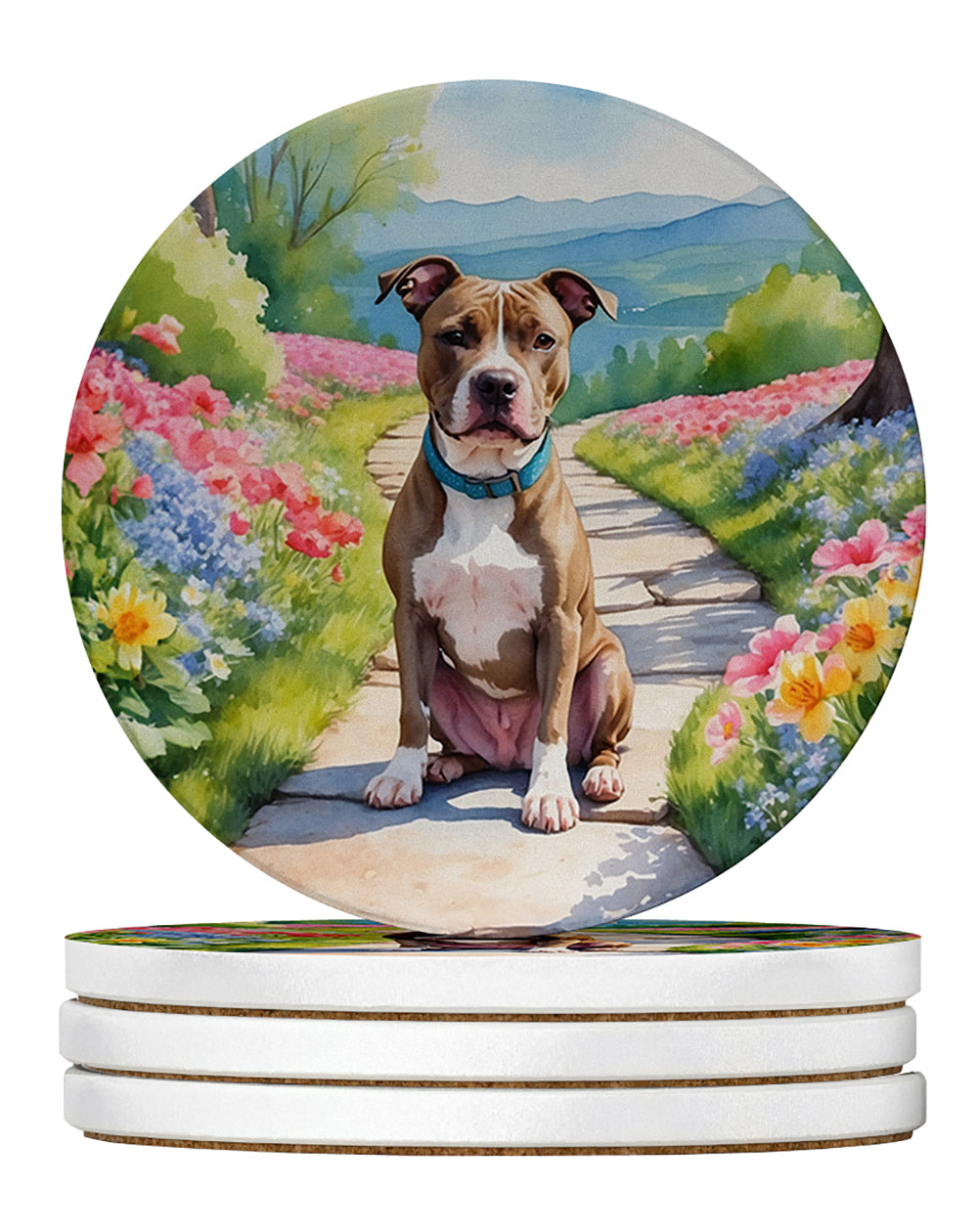 Pit Bull Terrier Spring Path Large Sandstone Coasters Pack of 4 Absorbent Round Coasters Decor Gifts for Men or Women, 4 in, Multicolor