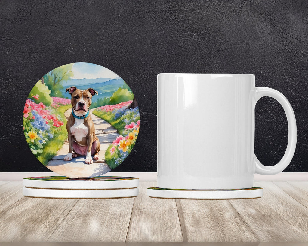 Pit Bull Terrier Spring Path Large Sandstone Coasters Pack of 4 Absorbent Round Coasters Decor Gifts for Men or Women, 4 in, Multicolor