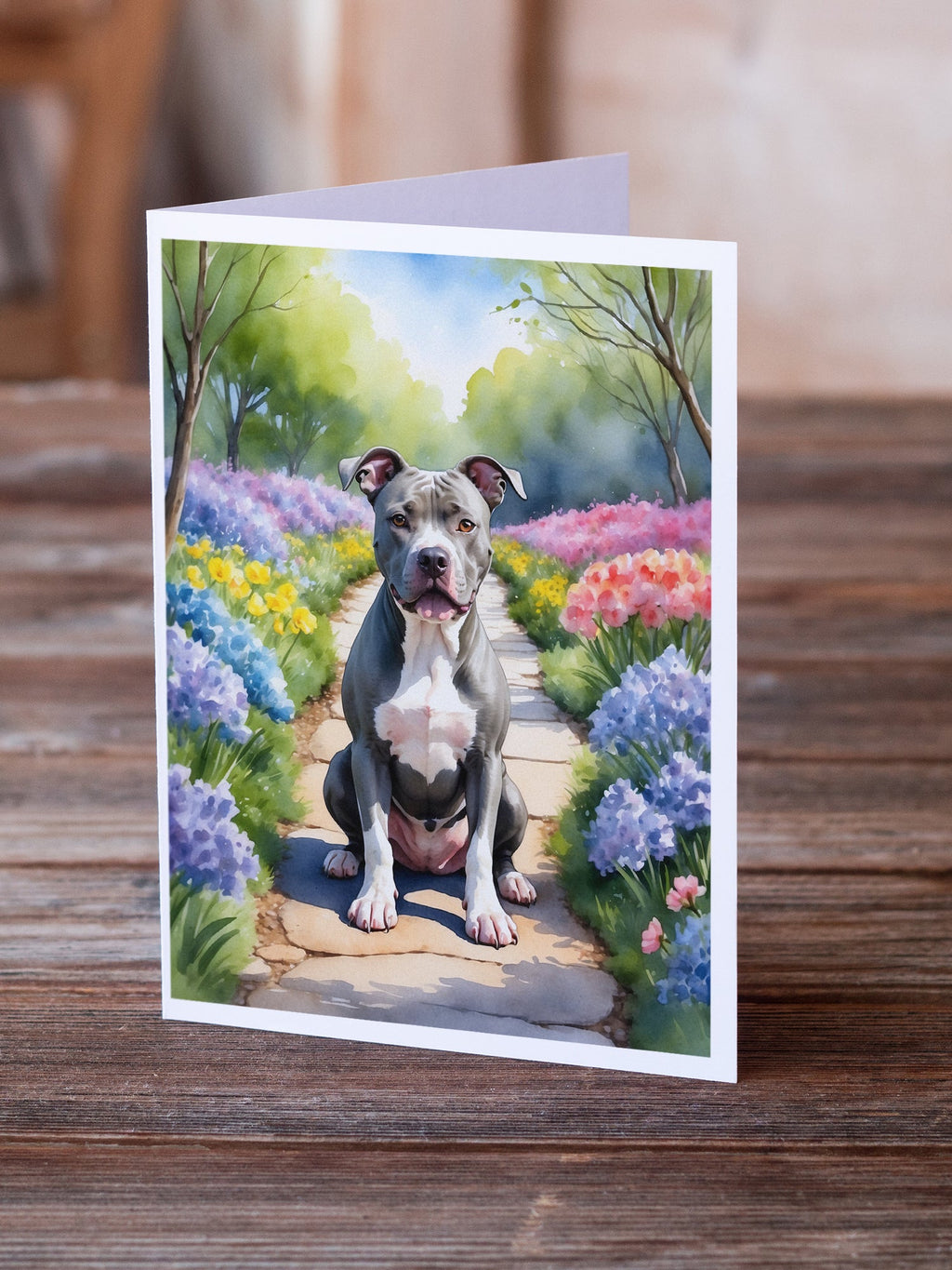 Pit Bull Terrier Spring Path Greeting Cards Pack of 8 Blank Cards with Envelopes Whimsical A7 Size 5x7